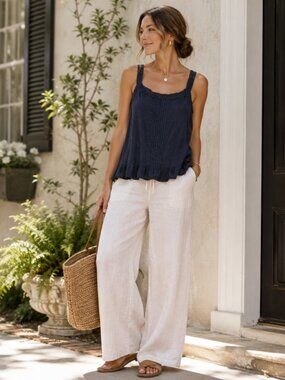WRAP London blue cotton embroidered dark blue tank top